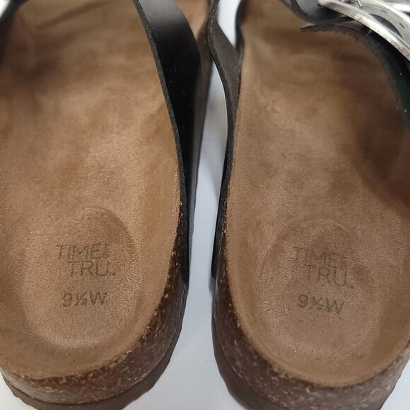 Time & Tru Black Sandals Size 9.5 Faux Leather Adjustable Buckle Slip-On Slide - Picture 12 of 12